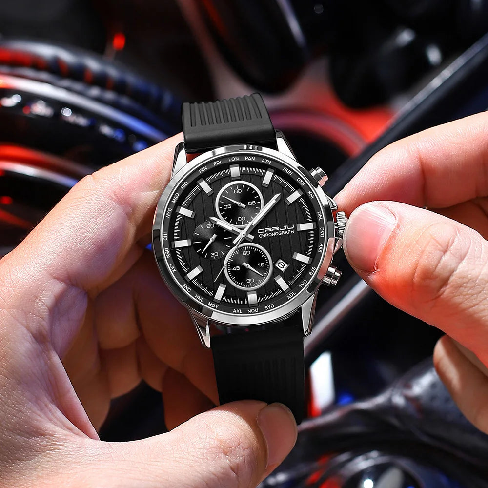 CRRJU Men Watch Silicone Strap Top Brand Luxury Sports Quartz Waterproof Luminous Auto Date Wristwatch Relogio Masculino