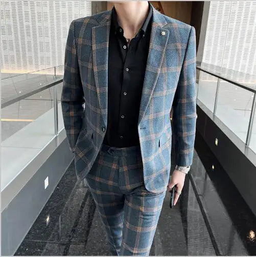 Blazers Pants Set 2 Pieces Set, 2024 Men's Business Casual Men Plaid Suit Jacket and Trousers, Asian Size M-5XL
