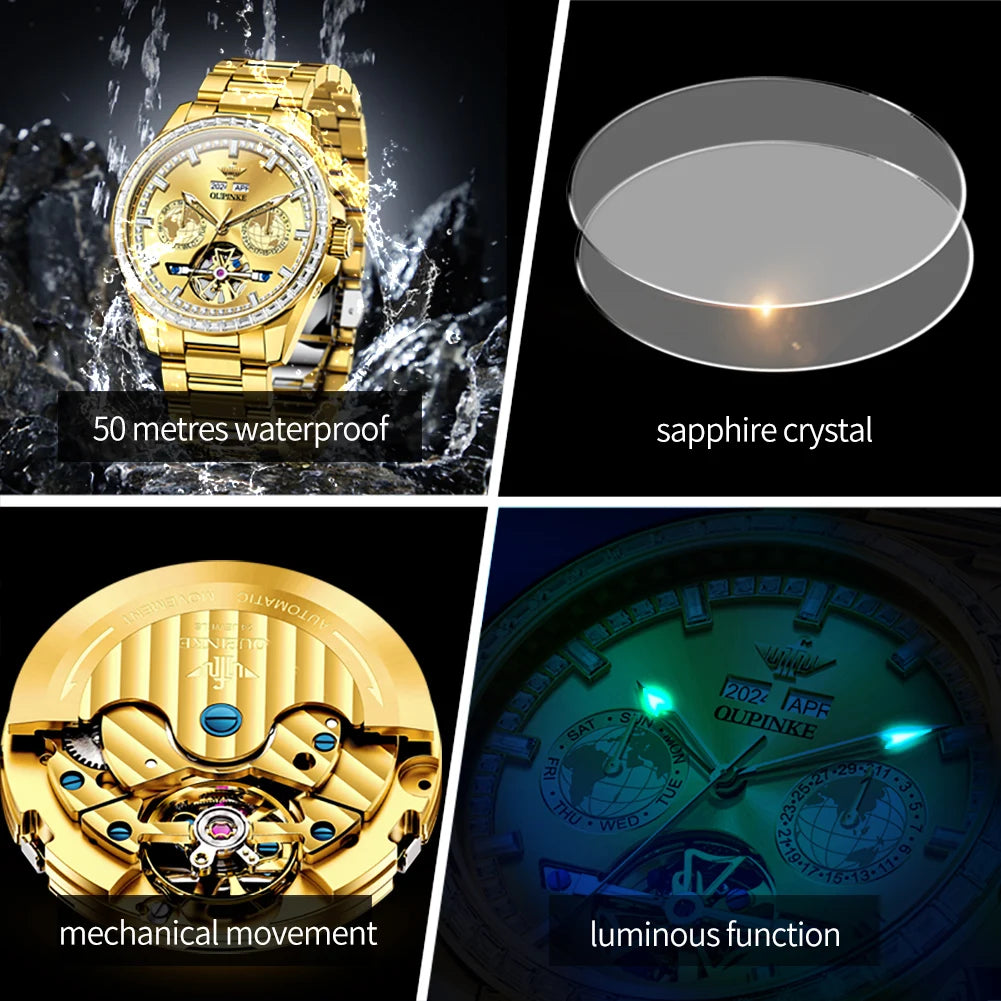 OUPINKE 3280 Mechanical Watch for Men Luxury Full Diamond Flywheel Skeleton Gold Stainless steel Date Automatic Men's Watch