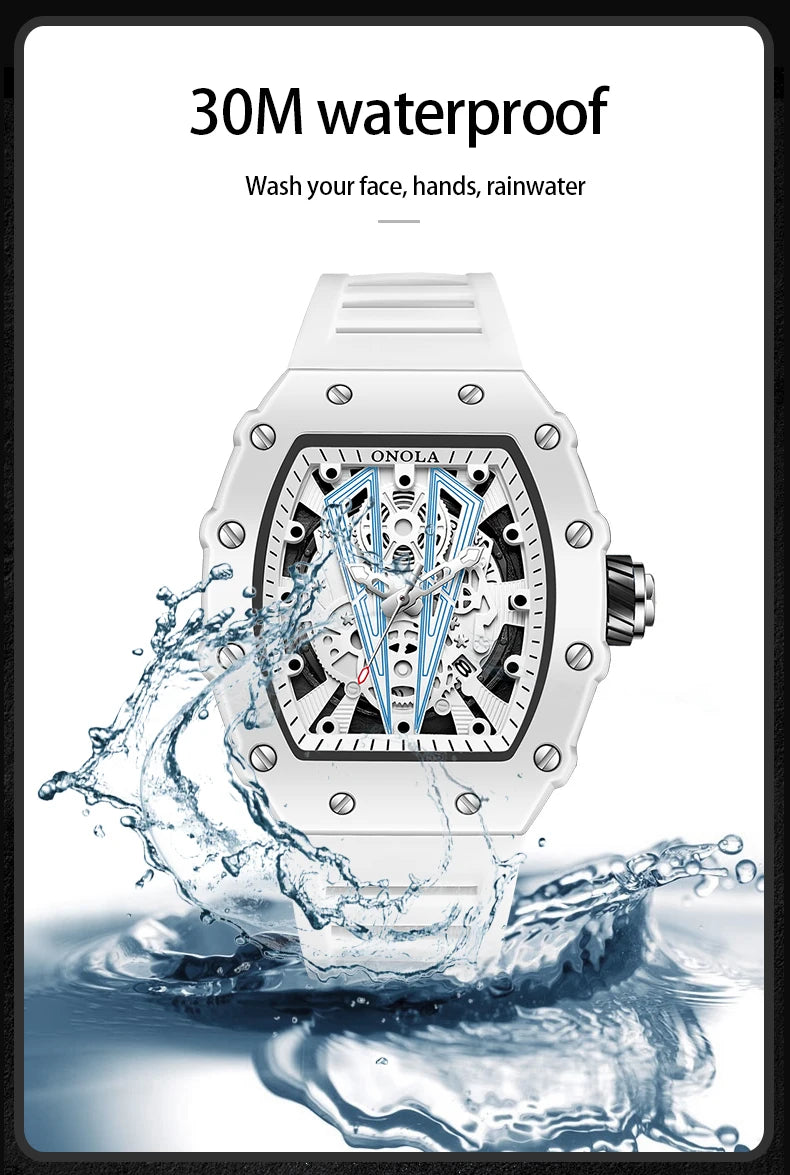 ONOLA Tonneau Mens Watch Fashion White Male Clock Luminous Calendar Water Resistant Silicone Tape Watches for Men Reloj Hombre