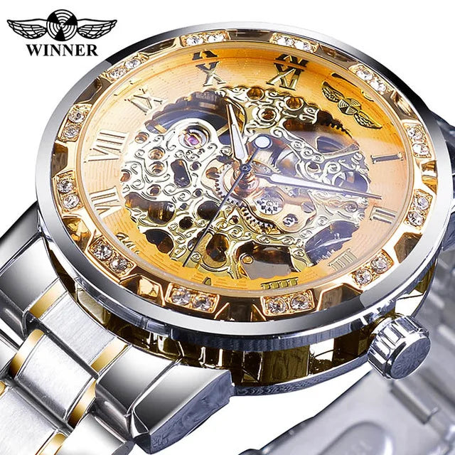 Fashion Winner Hot Top Brand Luxury Men Transparent Diamond Luminou Smovement Male Mechanical Skeleton Royal Design Wrist Watch