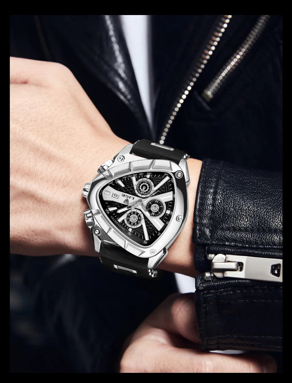 LIGE Fashion Men Watch Triangle Chronograph Military Wristwatch Sport Army Mens Watches Luxury Waterproof Quartz Clock Man Reloj