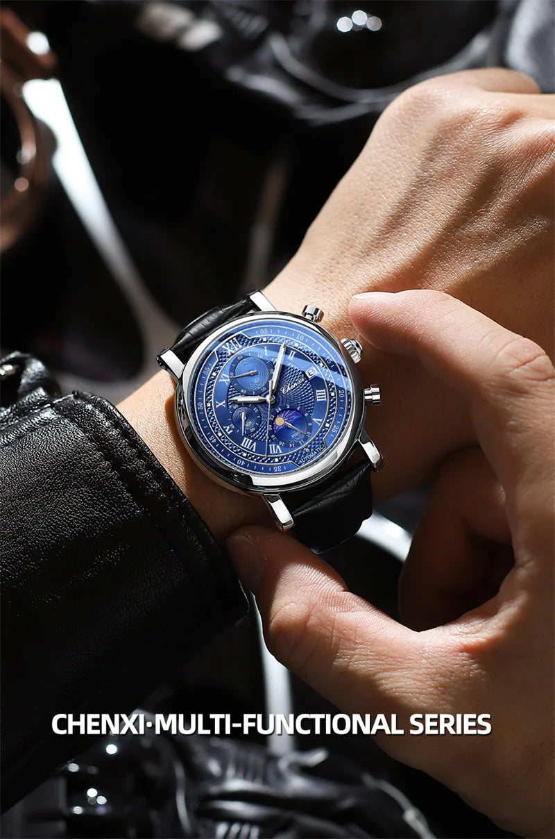 CHENXI 976 Men's Watch Leather Chronograph Date Quartz Watches Phase Moon Timing Business Luminous Wrist Watch Relojes para