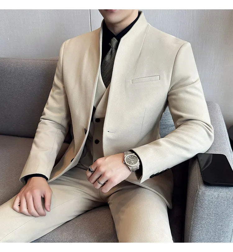Korean Style Men's Suit Set Slim Fit Business Suit Wool Blazer Three Piece Set Elegant Social Formal Men's Clothing 5XL-M