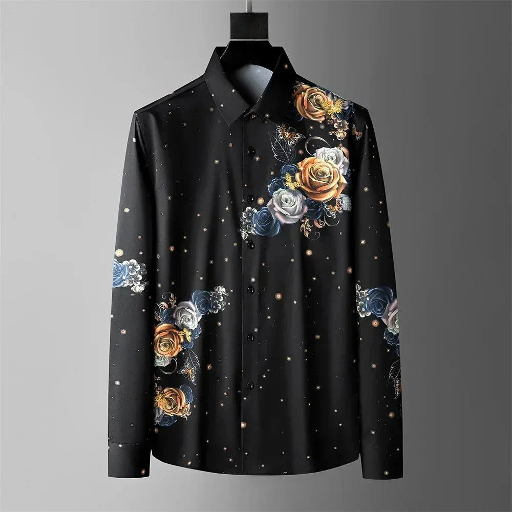 Men's luxury floral shirt business casual fit long sleeve social party tuxedo hot sale new style autumn and winter fashion new
