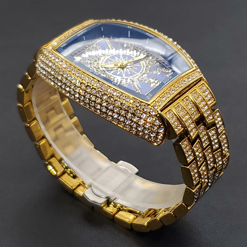 Classic 55mm Black Dial Wristwatch Men Famous Brand Diamond Silver Quartz Watch Original Ice Out Shiny Waterproof Clock 2023 New