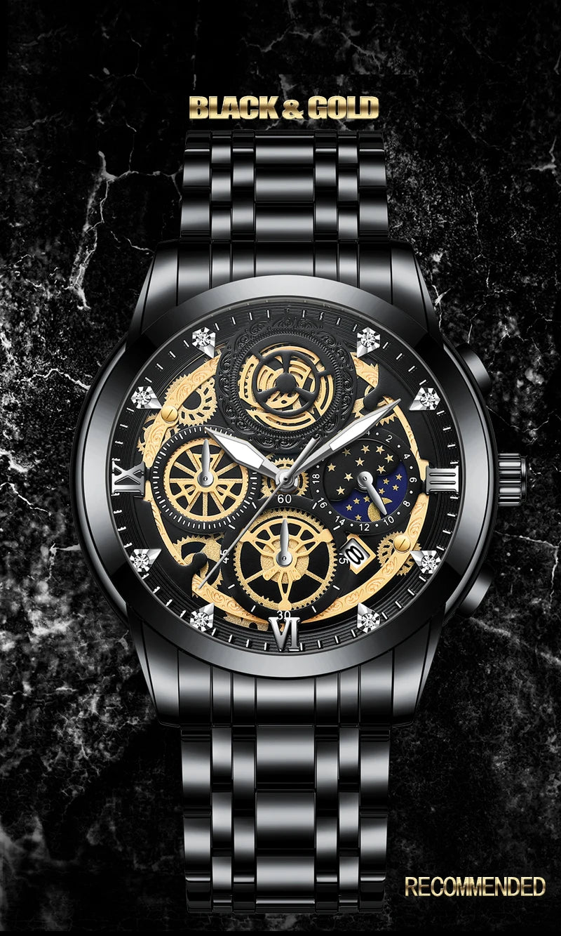 Men's Business Watch Skeleton Design Fashion Mechanical Style Stainless Steel Quartz Movement Calendar Waterproof Men WristWatch