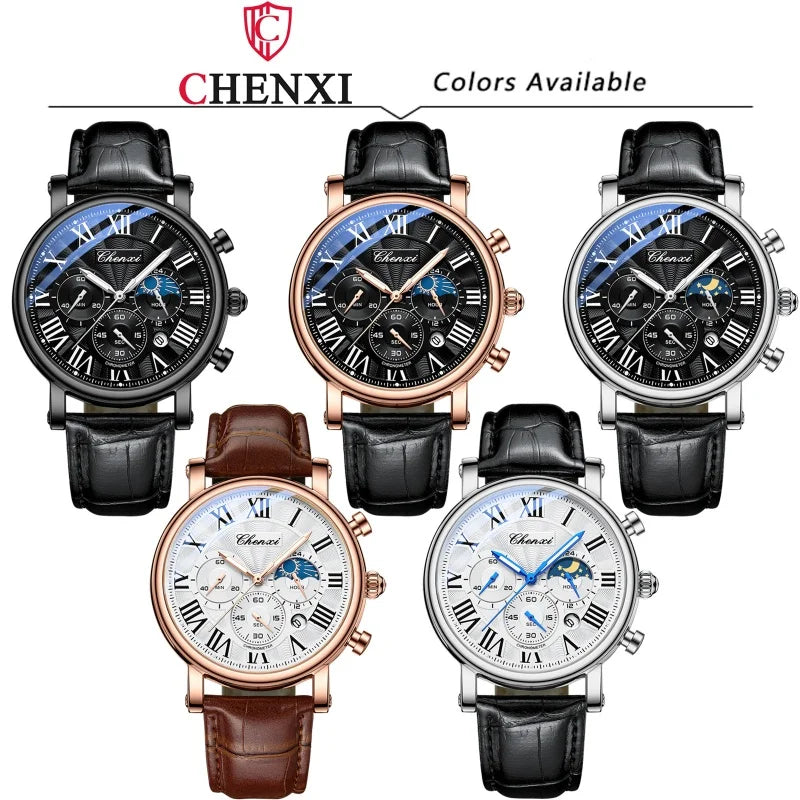 CHENXI 973 Men's Wristwatch Multi-functional Business Watch Moon Phase Date Waterproof Rome Dial Leather Quartz Watches for Man