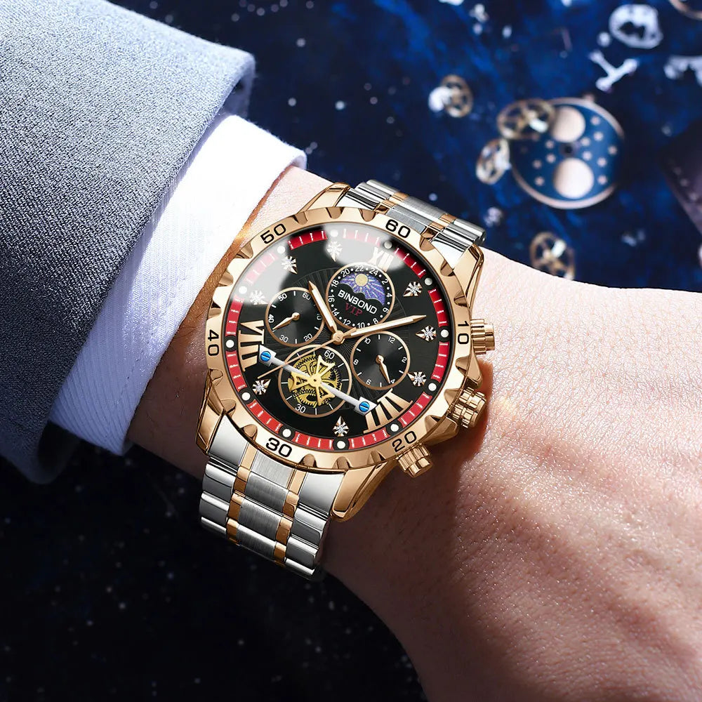 BINBOND Men's Watches Young Fashion Original Quartz Watch for Man Waterproof Luminous Flywheel Chronograph Moon Phase Casual