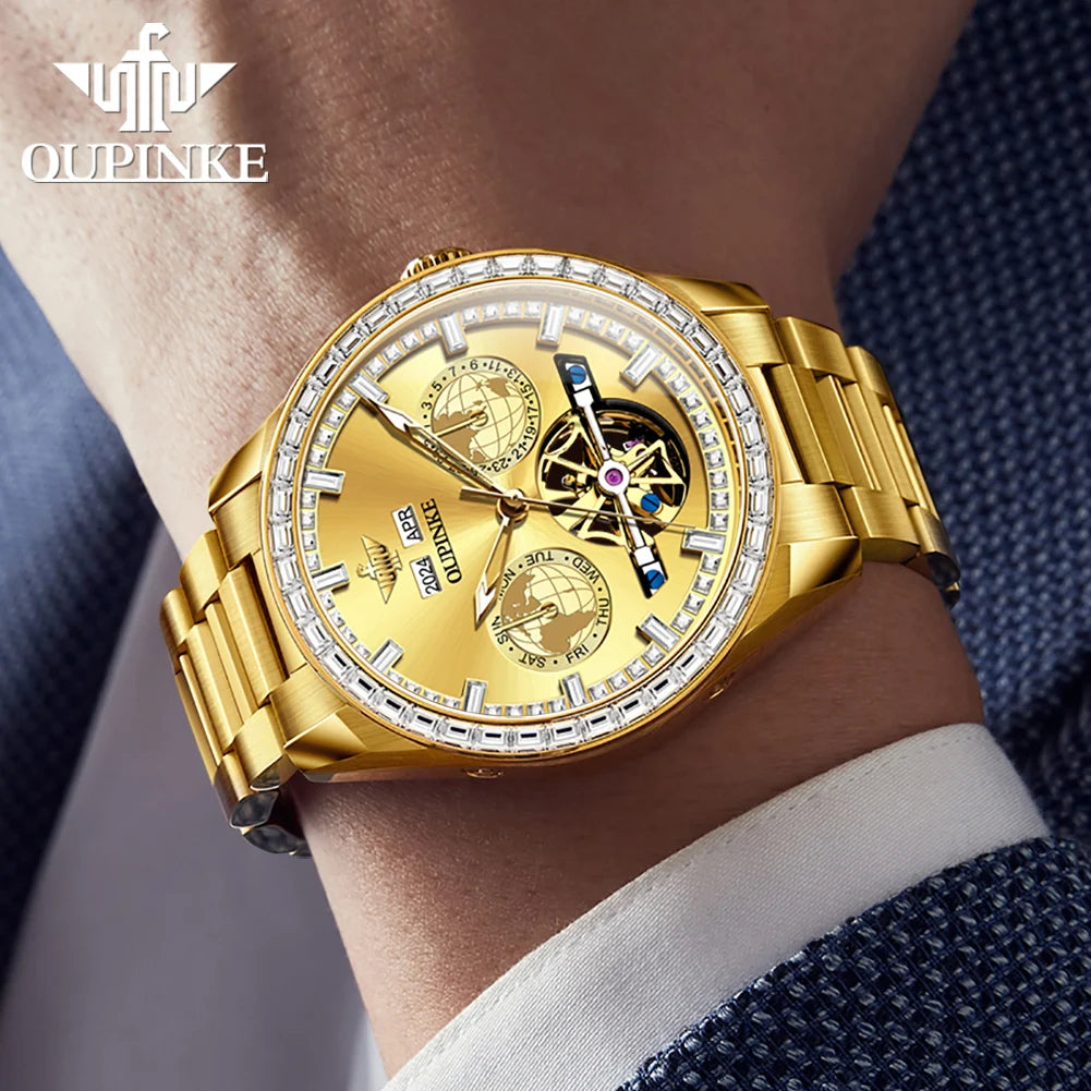 OUPINKE 3280 Mechanical Watch for Men Luxury Full Diamond Flywheel Skeleton Gold Stainless steel Date Automatic Men's Watch