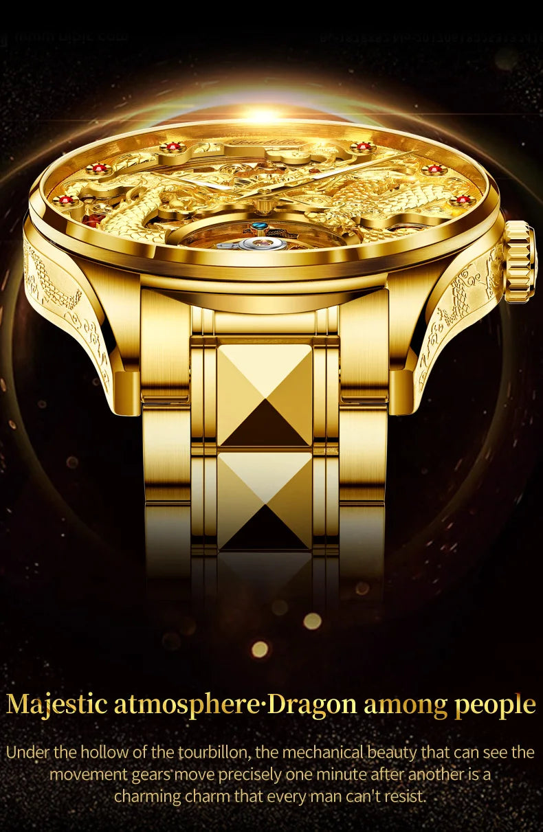 OUPINKE 3176 Luxury High end Fully Automatic Mechanical Tourbillon Watch Full Golden Dragon Dial Watch Sapphire Mirror Men Watch