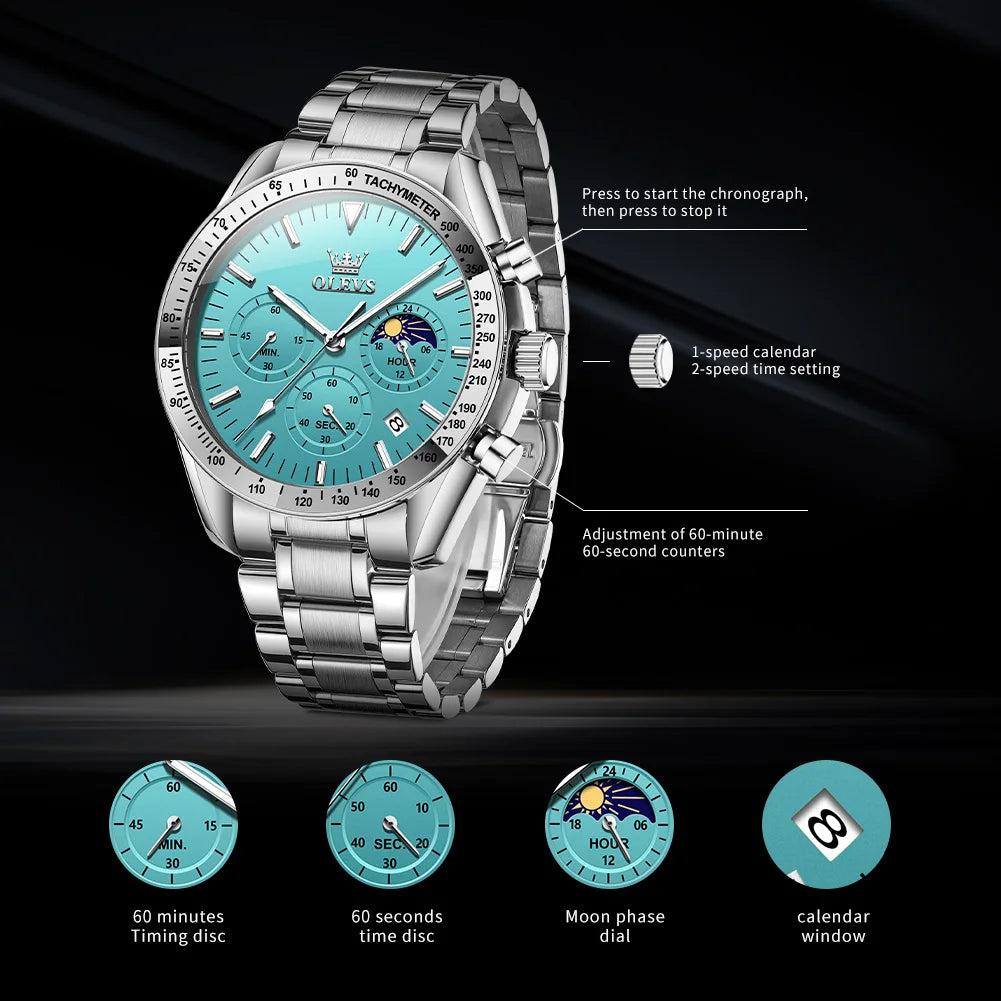 OLEVS 3618 Mens Watch Original Brand Waterproof Luminous Quartz Wristwatch Watch For Man Multifunctional Chronograph With Box
