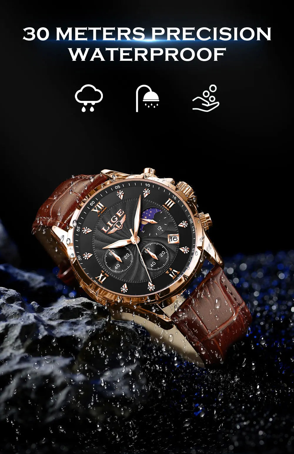 LIGE Men's Watch Luxury Business Luminous Waterproof Leather Watches Moon Phase Week Date Casual Quartz Watch Men Reloj hombre