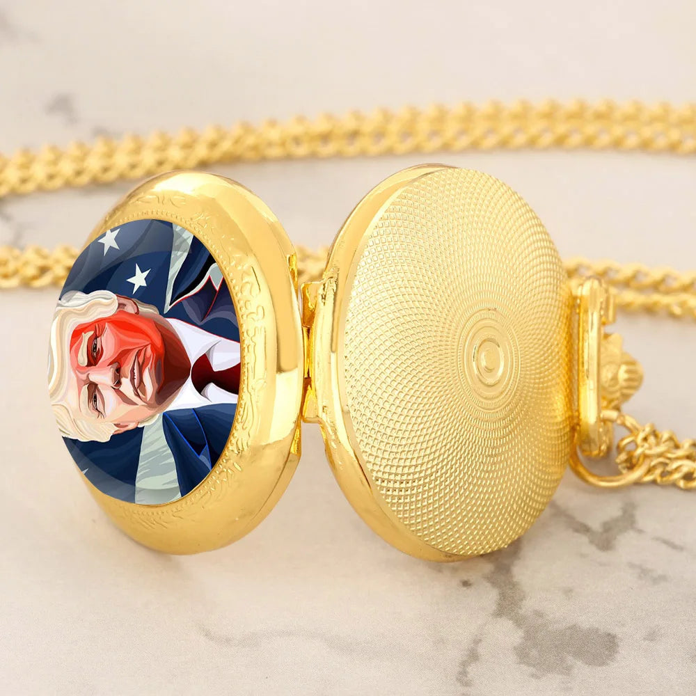 Trump Design Gold Quartz Pocket Watch Women Men Fashion Glass Dome Necklace Unique Pendant Silver Clock Watch Gift Accessories