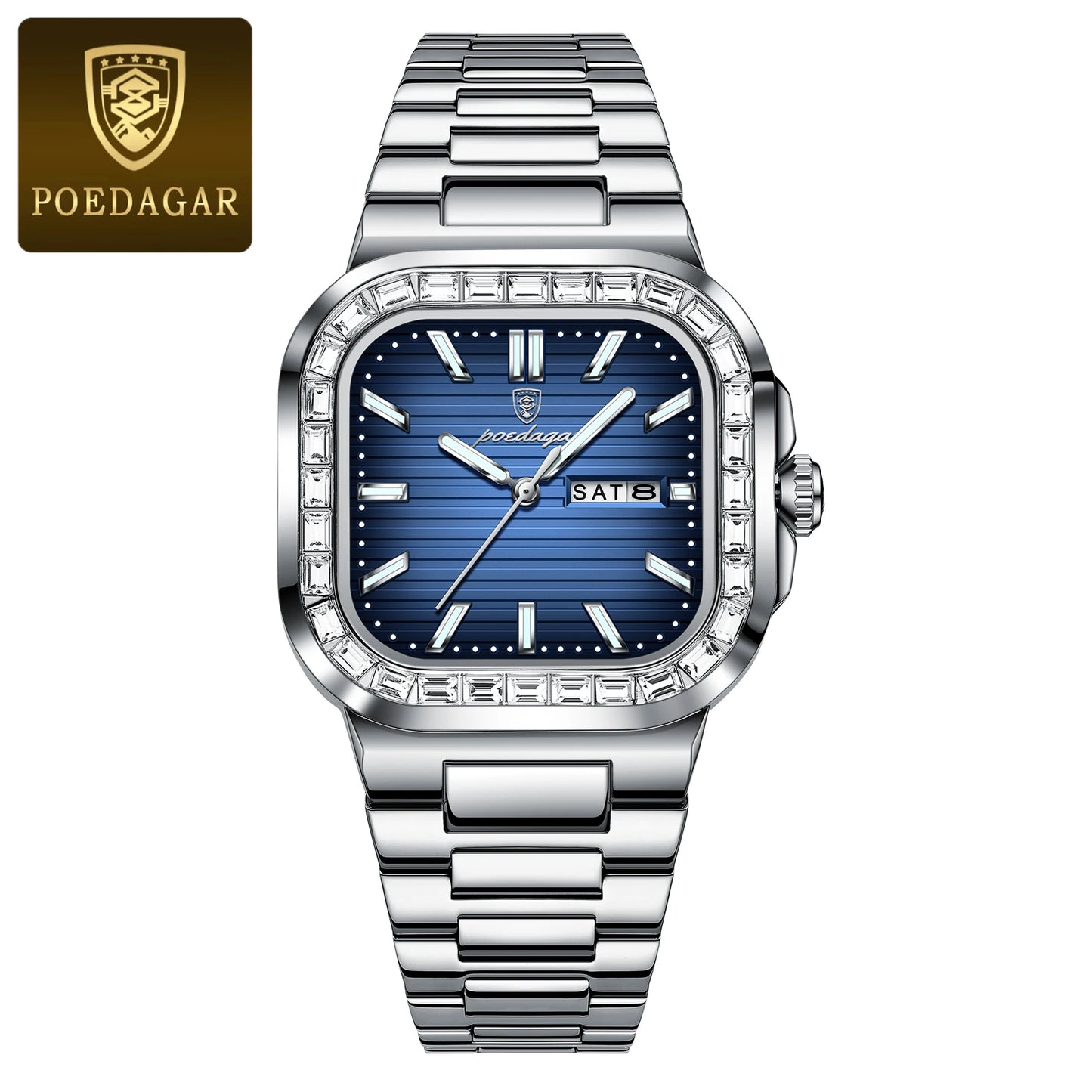 POEDAGAR Top Brand Luxury Watch for Men Waterproof Luminous Date Week Man Wristwatch Stainless Steel Square Quartz Men's Watches