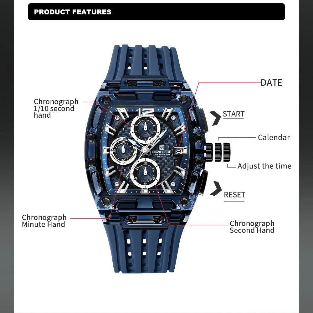 NAVIFORCE Men's Watch High Quality Quartz Fashion Clock Waterproof Silicone Tape Watch for Men Luminous Date Sports Wristwatches
