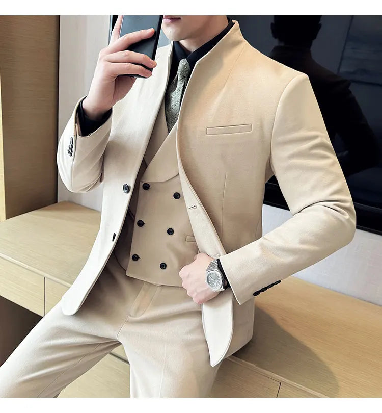 Korean Style Men's Suit Set Slim Fit Business Suit Wool Blazer Three Piece Set Elegant Social Formal Men's Clothing 5XL-M