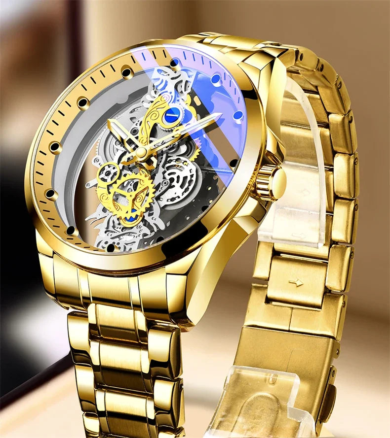 2024 New Men Watch Skeleton Quartz Wristwatch Gold Skeleton Retro Man Watch Top Brand Luxury Clock Mens Watches Reloj Hombre