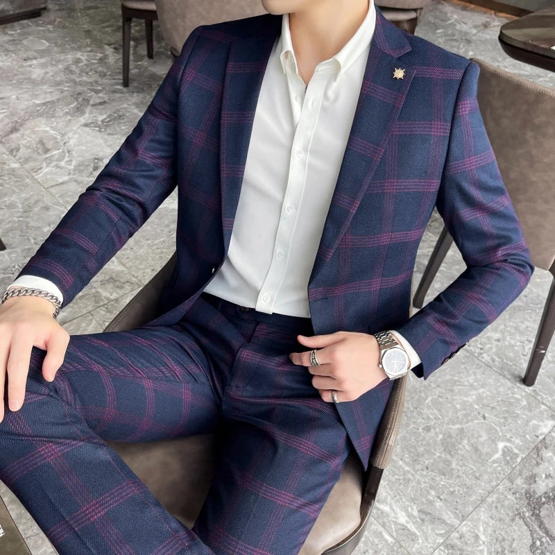 Blazers Pants Set 2 Pieces Set, 2024 Men's Business Casual Men Plaid Suit Jacket and Trousers, Asian Size M-5XL