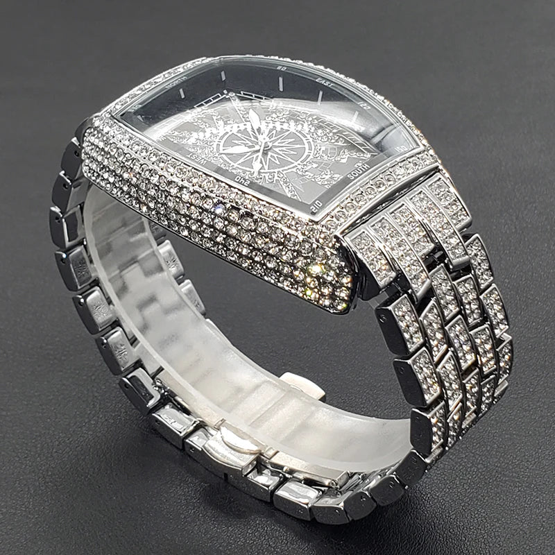 Classic 55mm Black Dial Wristwatch Men Famous Brand Diamond Silver Quartz Watch Original Ice Out Shiny Waterproof Clock 2023 New