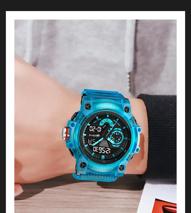 STRYVE Electronic Fashion Men's Sport Watches Shock Resistant 50M Waterproof Wristwatch LED Alarm Stopwatch Clock Men 8029