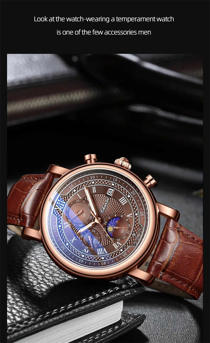 CHENXI 976 Men's Watch Leather Chronograph Date Quartz Watches Phase Moon Timing Business Luminous Wrist Watch Relojes para