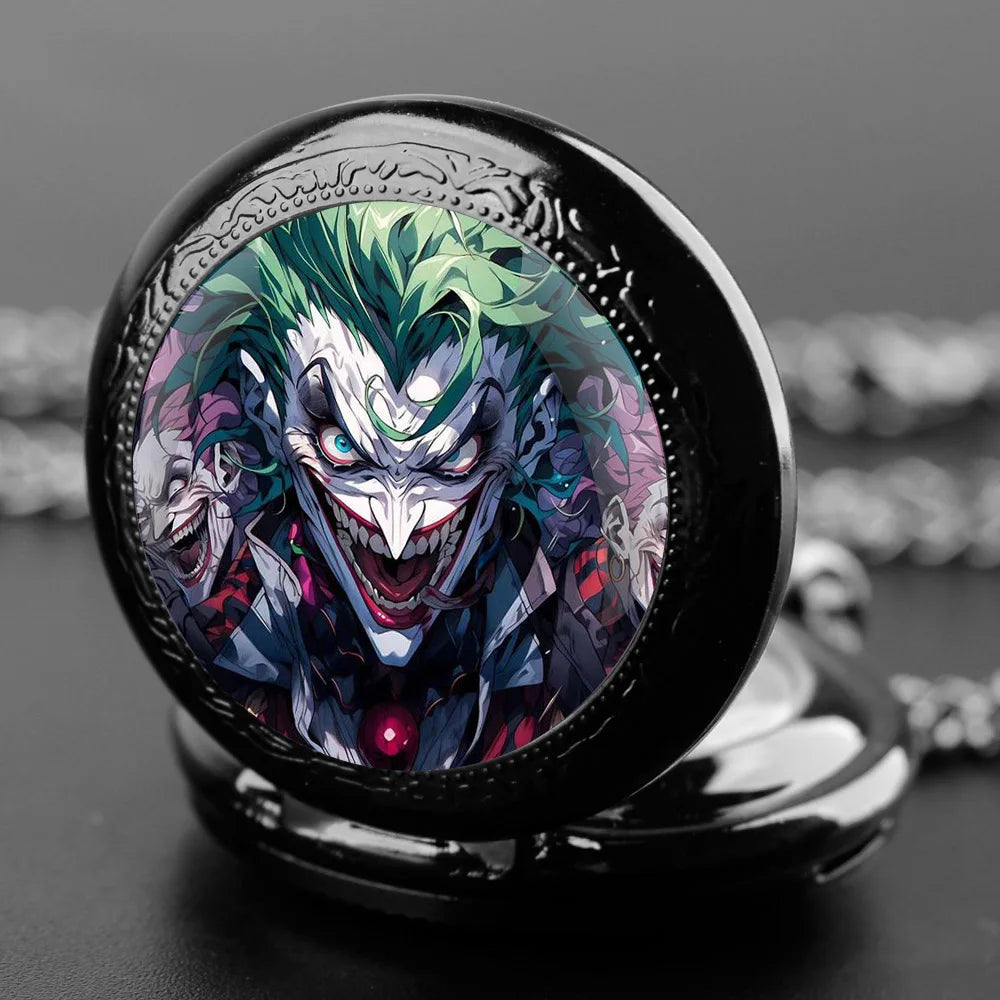 Joker Themed Glass Dome Quartz Pocket Watch Classic Arabic Numeral Dial with Durable Chain for Men Creative Gifts