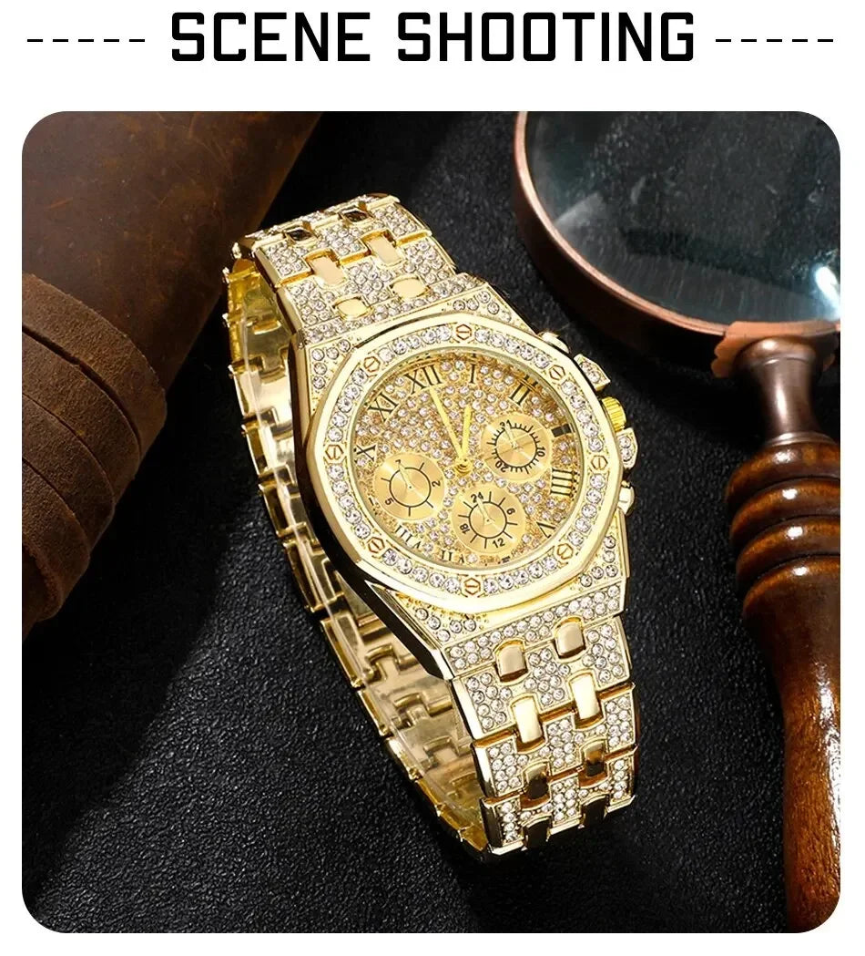 Luxury Men Watch Stainless Stee Band Golden Watches for Men Fashion Hip Hop Watch Diamond Big Dial Business Quartz Wristwatches