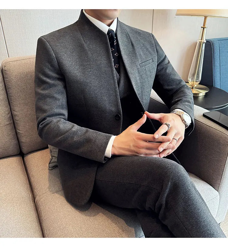 Korean Style Men's Suit Set Slim Fit Business Suit Wool Blazer Three Piece Set Elegant Social Formal Men's Clothing 5XL-M