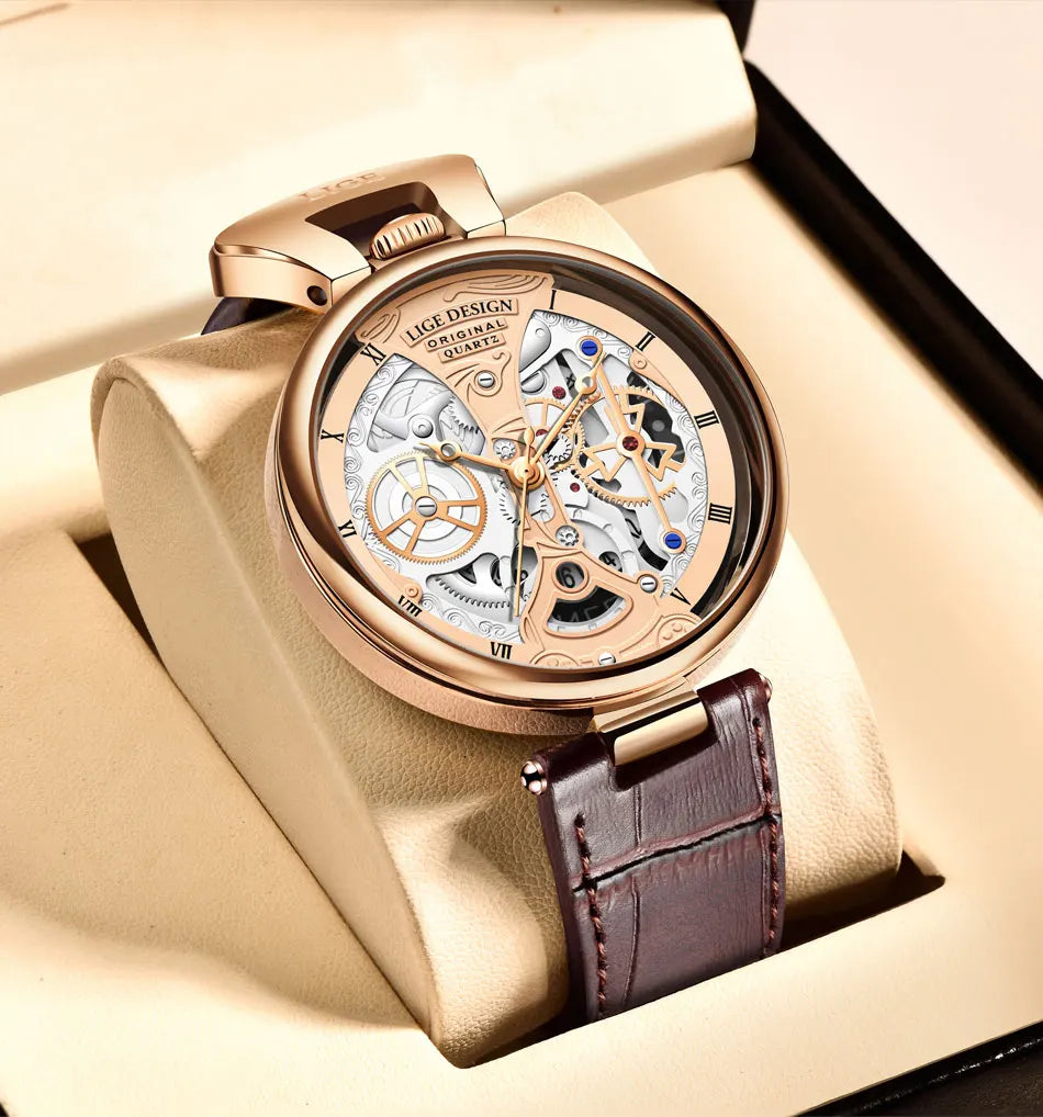 2023 LIGE Men Watches Top Brand Luxury Brown Leather Chronograph Sport Watch For Men Fashion Date Waterproof Clock Reloj Hombre
