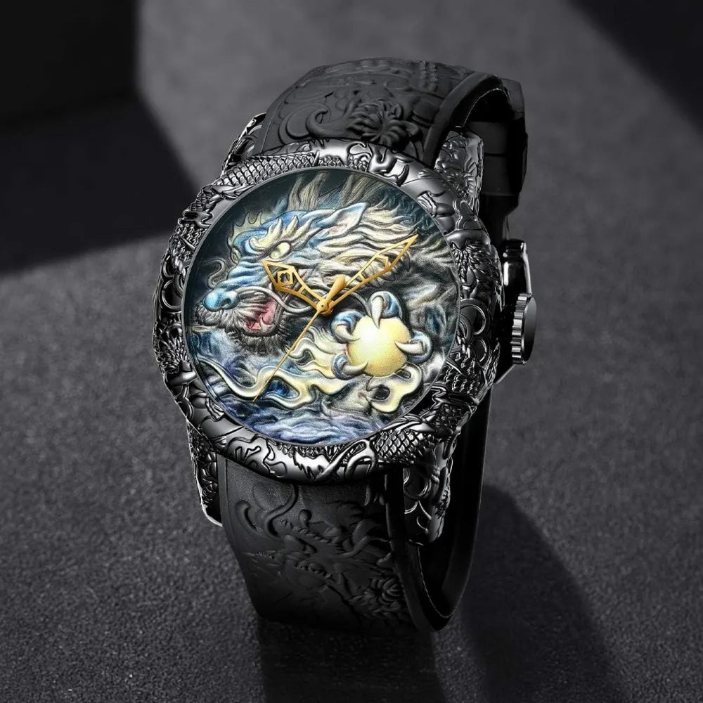 Mens Fashion Big Dial 3D Sculpture Dragon Watches Men Quartz Watches Luxury Exquisite Creative Wristwatch Male Clock Gifts