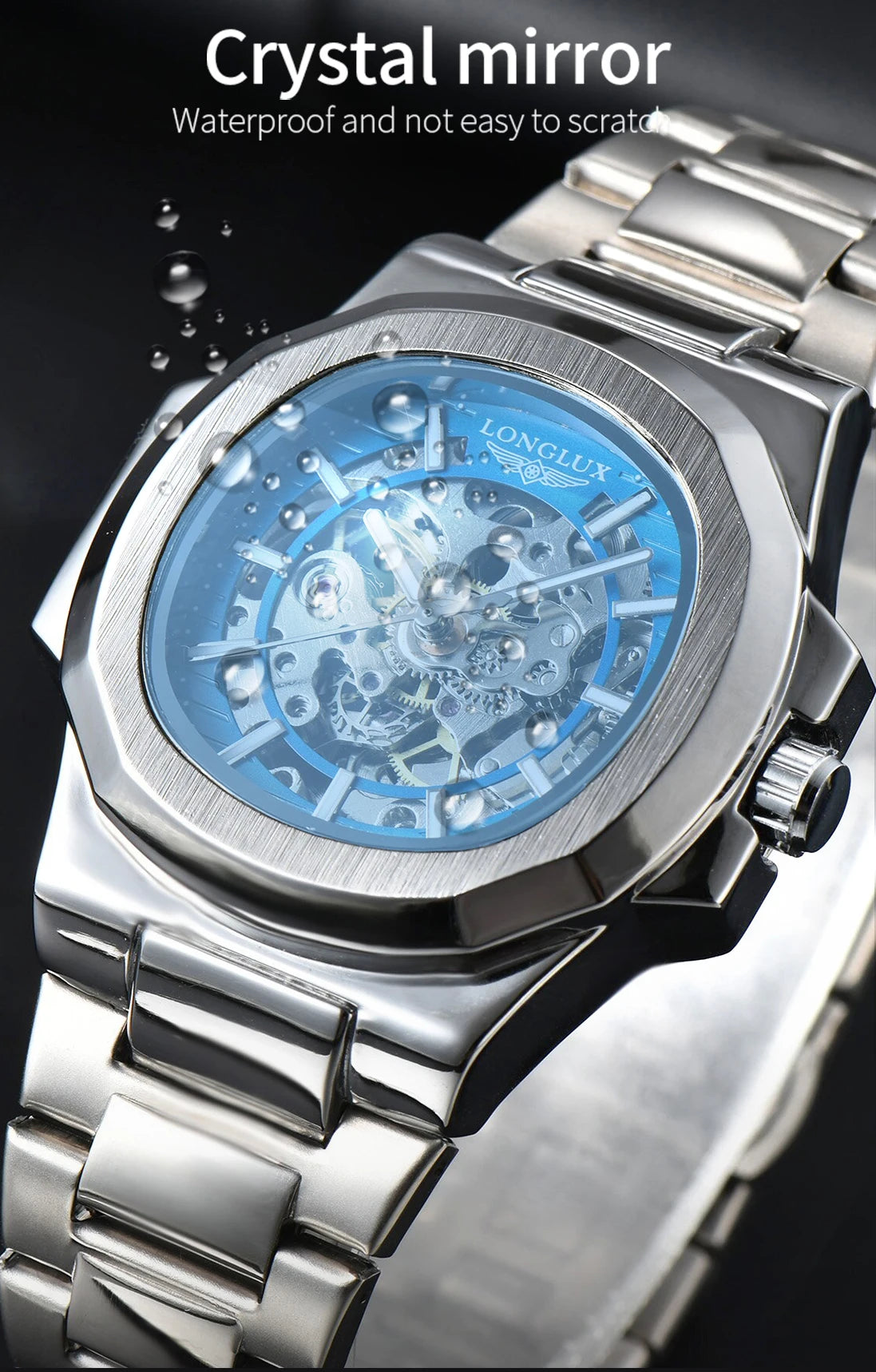 LONGLUX automatic man watch luxury wholesale mechanical wristwatches stainless steel skeleton waterproof mens watch men gift