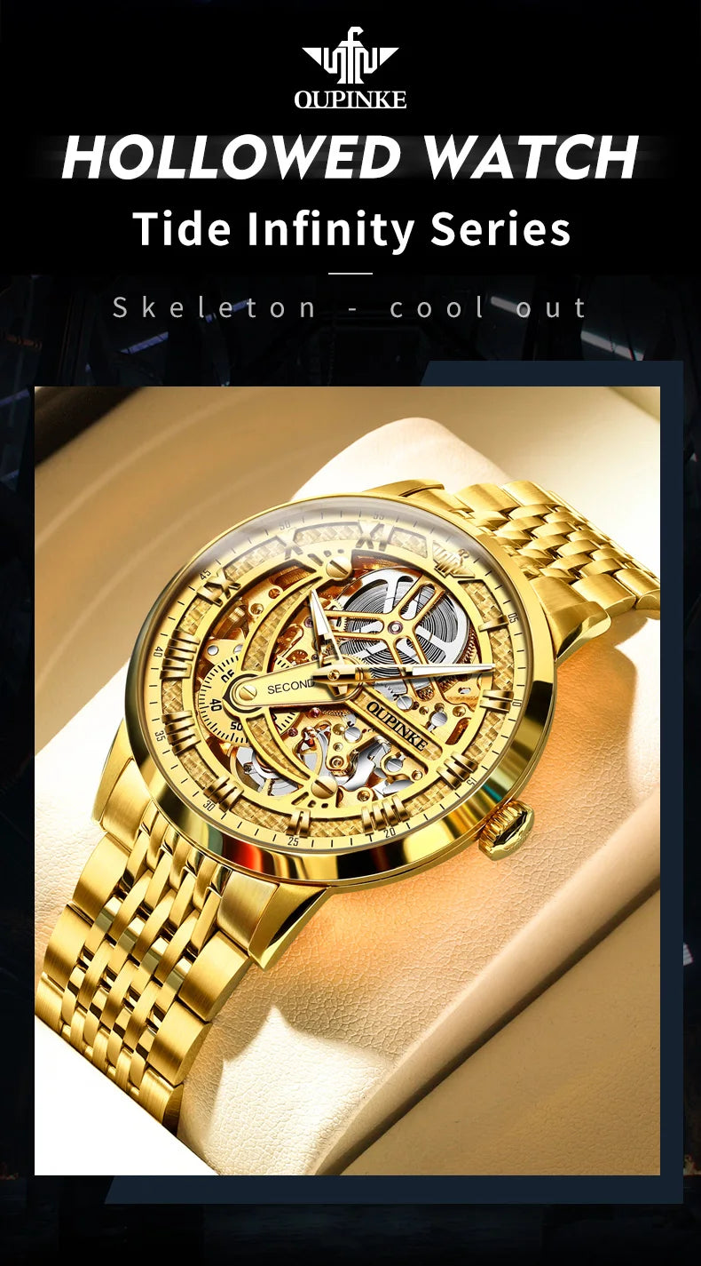 OUPINKE 3173 Luxury Gold Mechanical Watch For Men Hollow Top Brand Original Automatic Wristwatch 50M Waterproof Luminous Watches