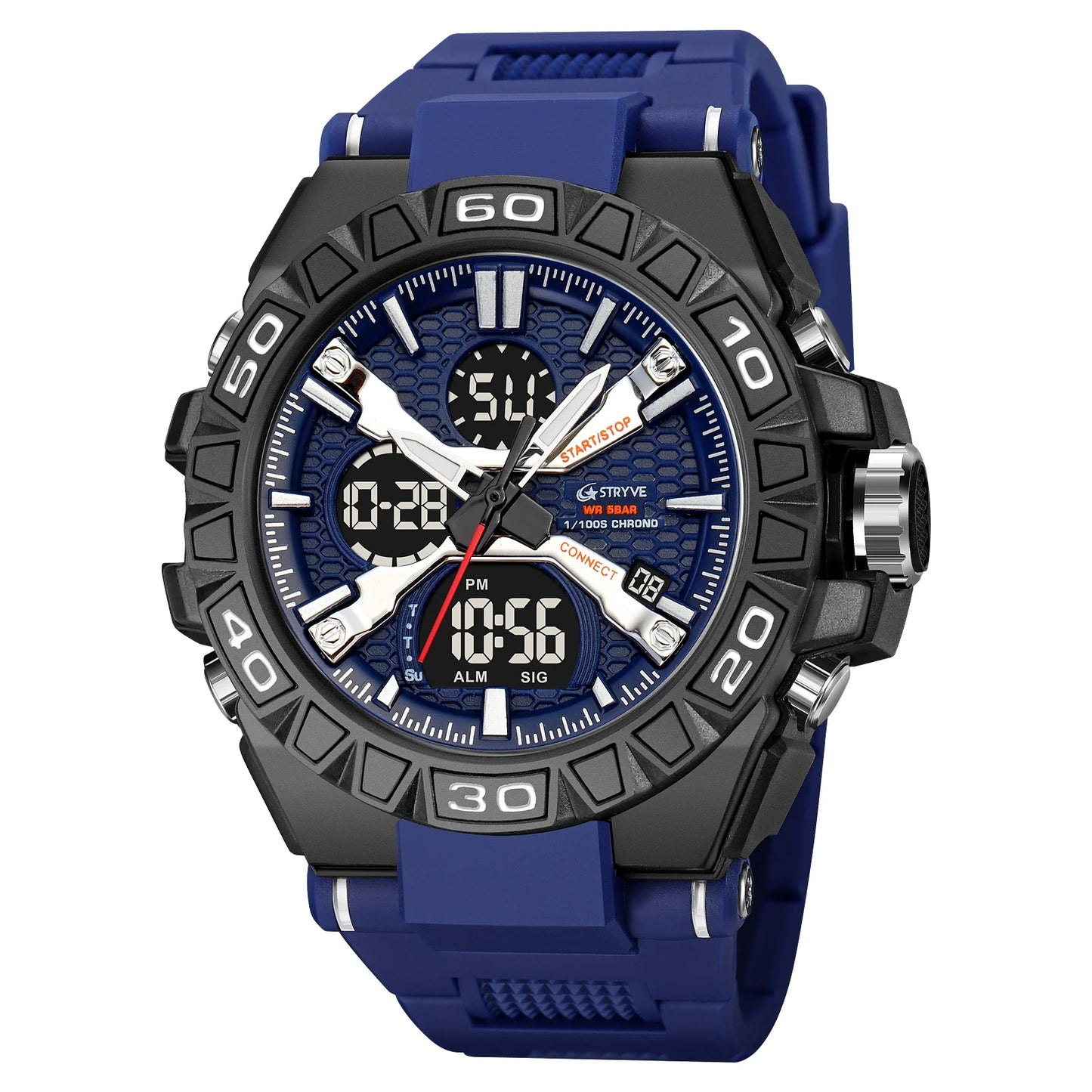 STRYVE Men's Watches 50M Waterproof Clock Alarm Reloj Hombre 8026 Dual Display Wristwatch Quartz Digital Clock Men