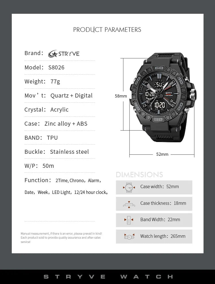 STRYVE Men's Watches 50M Waterproof Clock Alarm Reloj Hombre 8026 Dual Display Wristwatch Quartz Digital Clock Men