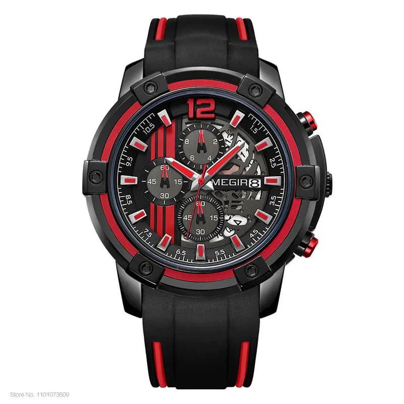 Megir Men's Sports Quartz Watches Army Military Chronograph Wristwatch for Man Luminous Relogios Masculino Clock 2097 Black Red