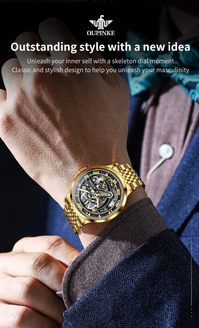 OUPINKE 3173 Luxury Gold Mechanical Watch For Men Hollow Top Brand Original Automatic Wristwatch 50M Waterproof Luminous Watches