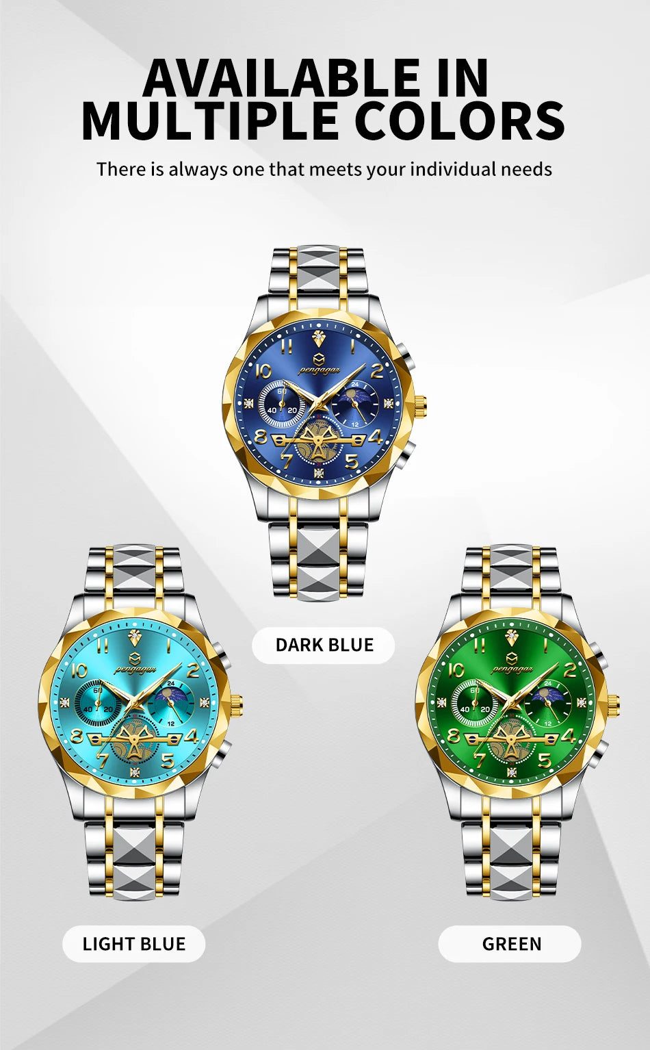 PENGAGAR Luxury Man Wristwatch Chronograph Waterproof Luminous Men Watch Stainless Steel High Quality Sport Men's Quartz Watches