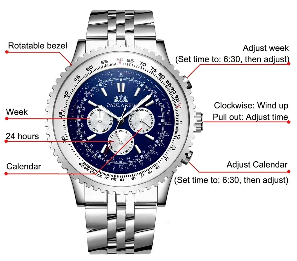Automatic Mens Watch Mechanical Self Wind Movement Stainless Steel Fashion Sports Blue Black Big 50mm Classic Fashion Watches