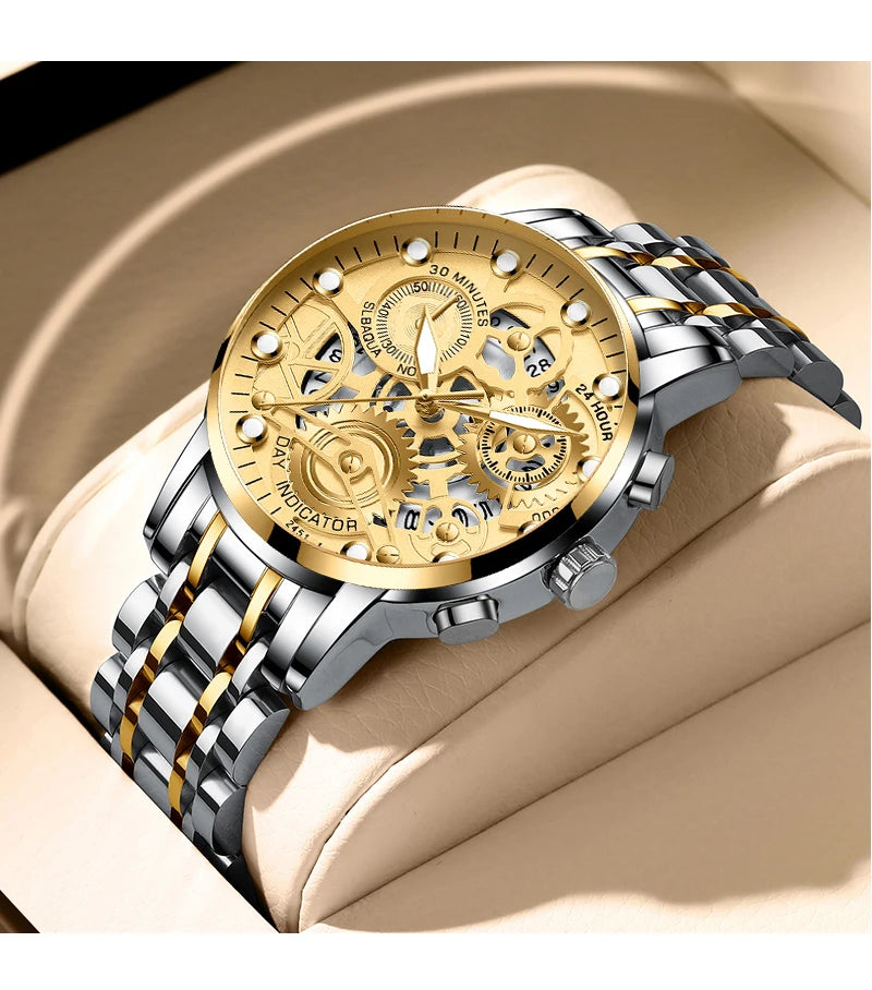 Men's Business Watch Skeleton Design Fashion Mechanical Style Stainless Steel Quartz Movement Calendar Waterproof Men WristWatch
