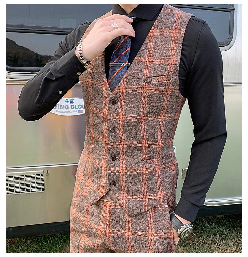 Blazers Pants Set 2 Pieces Set, 2024 Men's Business Casual Men Plaid Suit Jacket and Trousers, Asian Size M-5XL