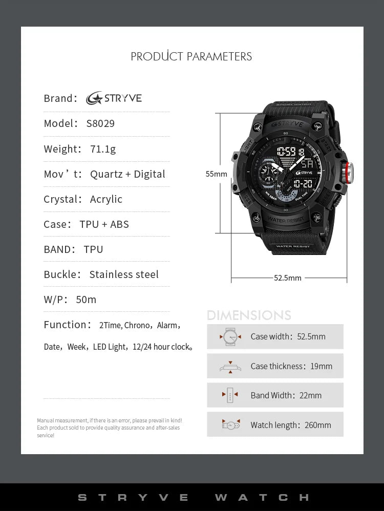 STRYVE Electronic Fashion Men's Sport Watches Shock Resistant 50M Waterproof Wristwatch LED Alarm Stopwatch Clock Men 8029