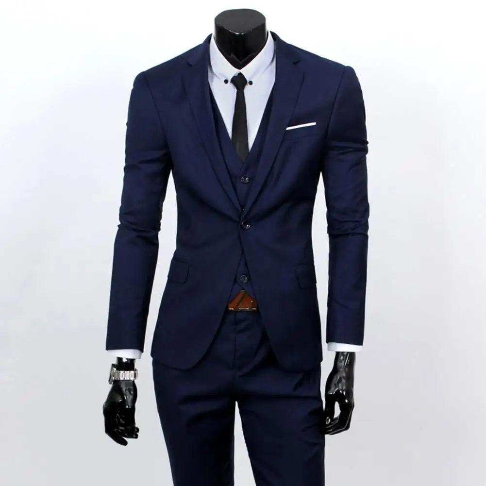 Fabulous Men Suit Set Cardigan 3 Piece Set Soft Fabric Split Wedding Suit Set Business Suit Slim Fit