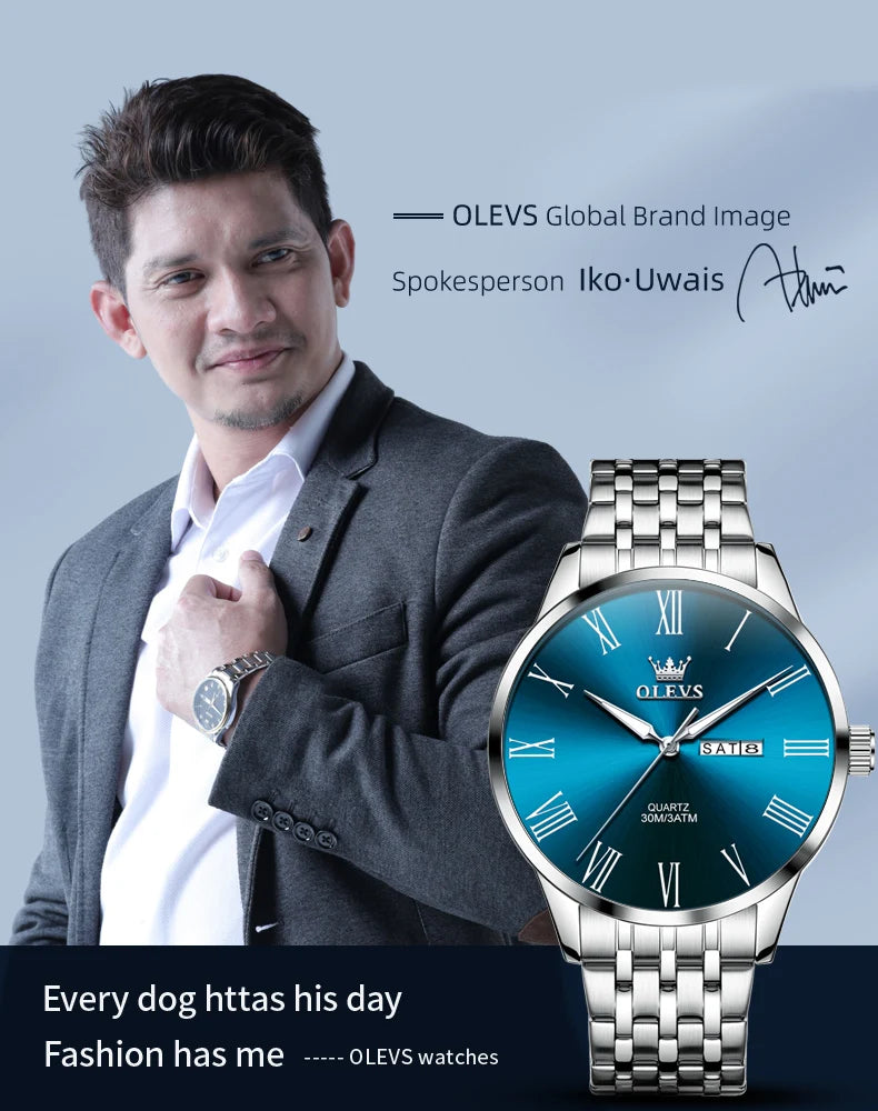 OLEVS 3633 Men's Watch Business Simply Original Quartz Watch for Man Waterproof Luminous Stainless Steel Dual Calendar Display