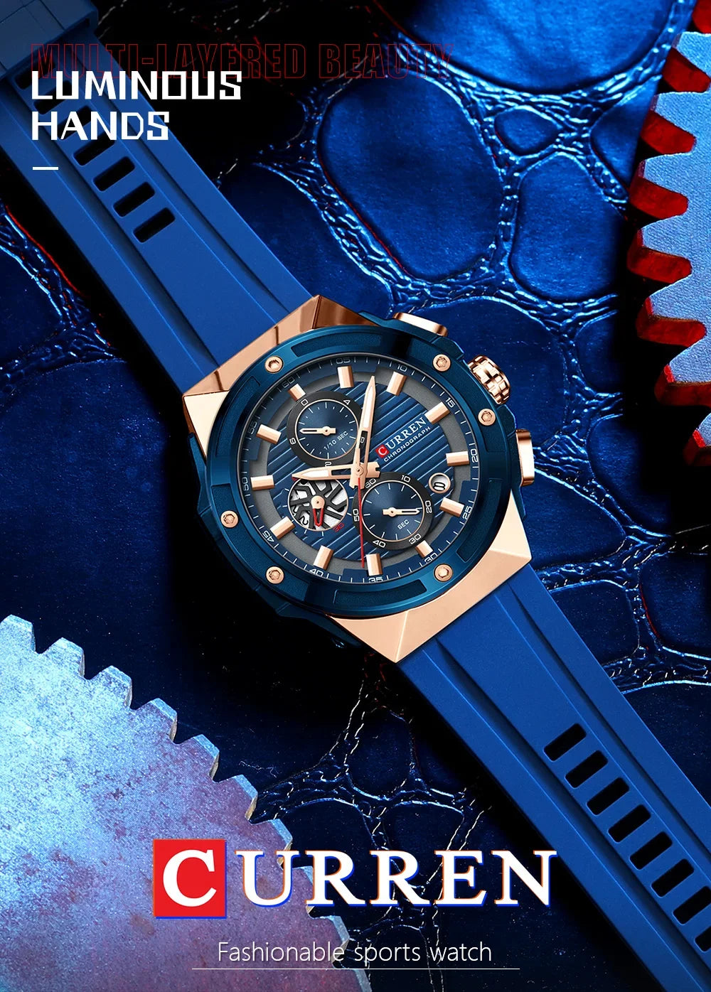 CURREN Fashionable Sports Multifunctional Chronograph Quartz Watch with Silicone Strap Creative Design Dial Luminous Hands