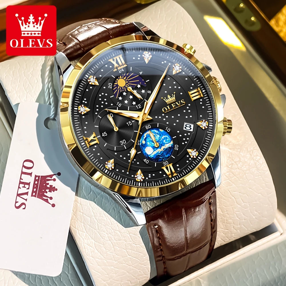 OLEVS 9807 New Man Watch Starry Sky Moon Phase Chronograph Waterproof Luminous Auto Date Hand Clock Luxury Quartz Watch for Men
