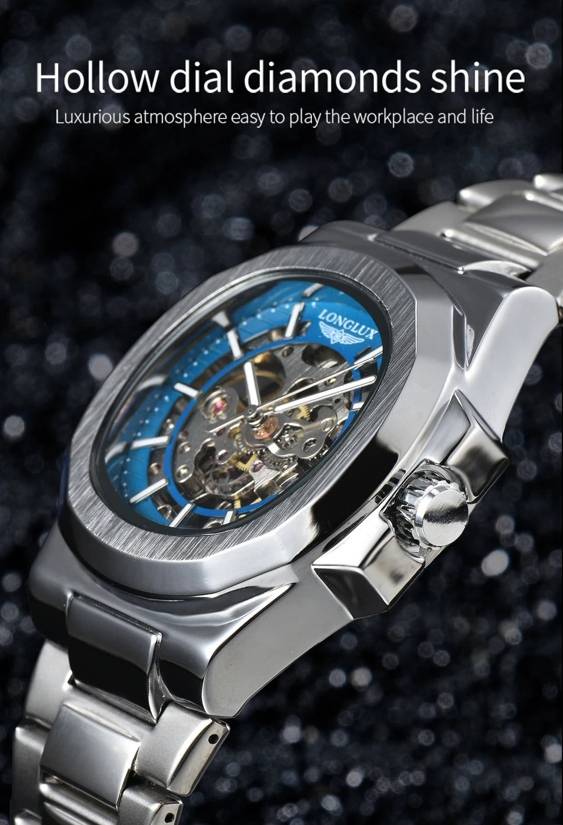 LONGLUX automatic man watch luxury wholesale mechanical wristwatches stainless steel skeleton waterproof mens watch men gift