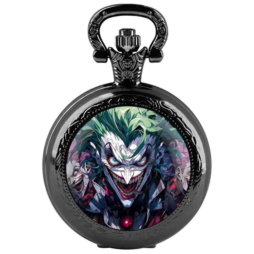 Joker Themed Glass Dome Quartz Pocket Watch Classic Arabic Numeral Dial with Durable Chain for Men Creative Gifts