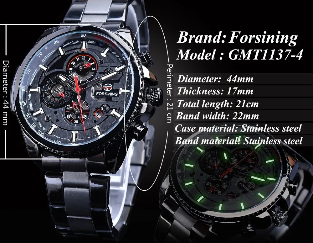Forsining Top Men's Watches Military Stainless Steel Waterproof Date Week Display Brand Automatic Mechanical Watch for Men