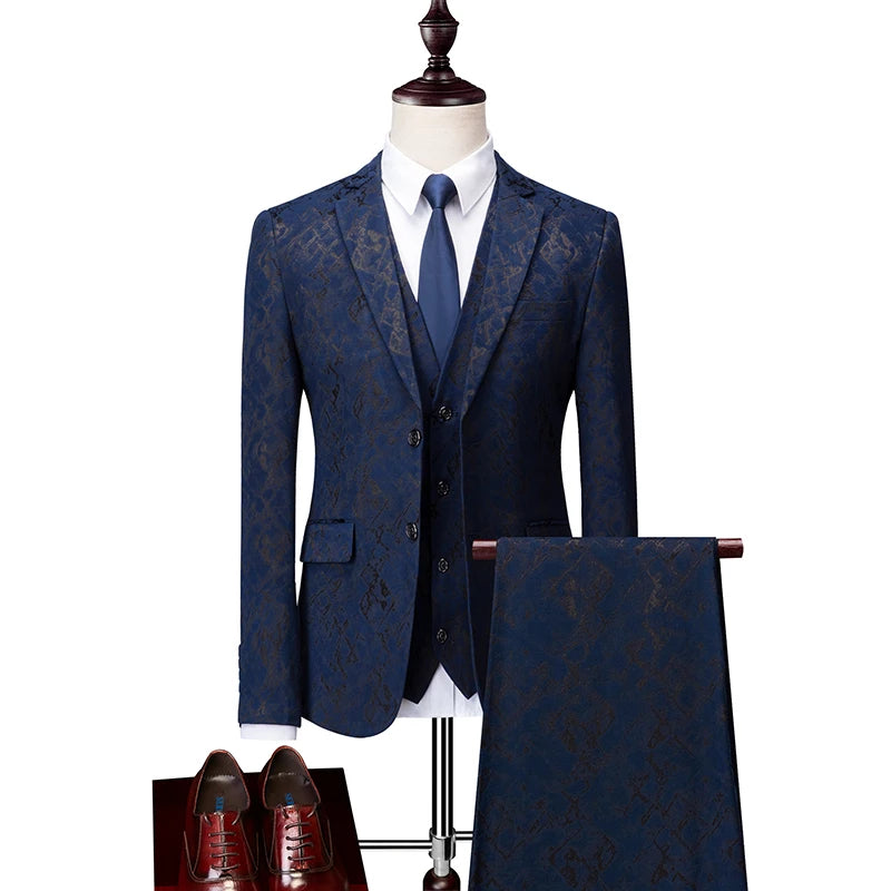 High-end Brand Suit Men Clothing Fashion Business Banquet Wedding Blazers Jacket with Vest and Pants Black / Blue Size 6XL